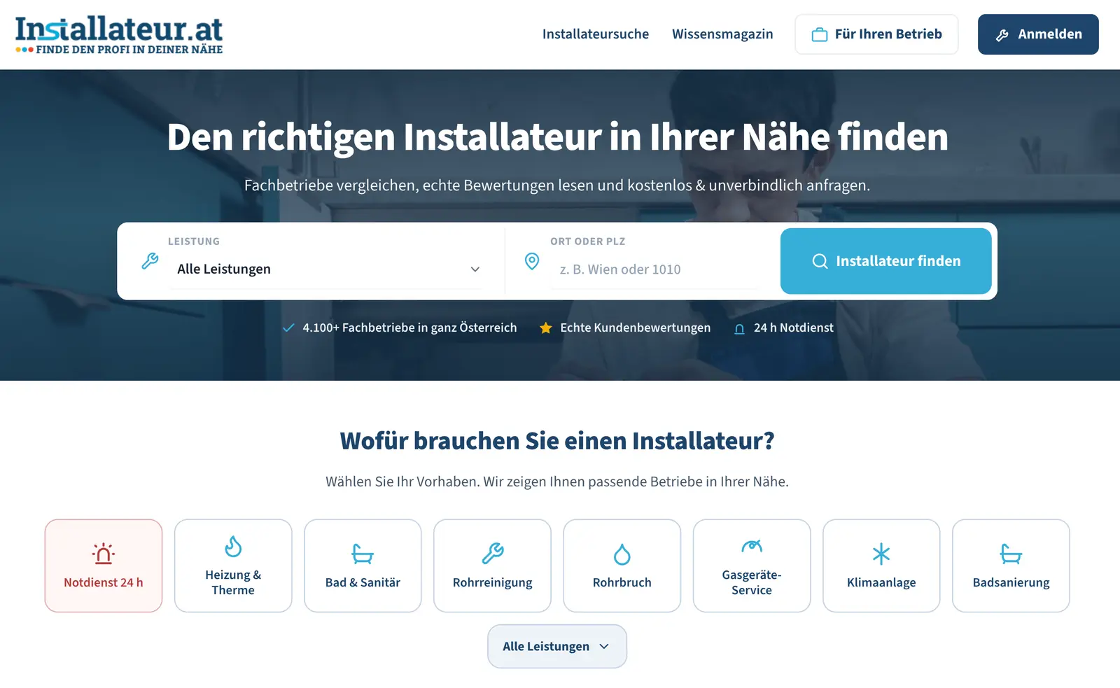 Startseite von installateur.at mit der Suche nach dem richtigen Installateur