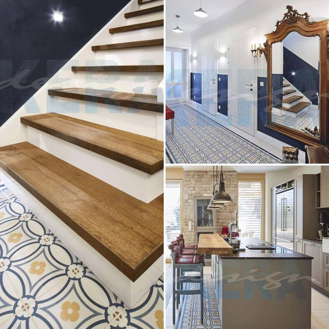Bildreihe: Treppe mit Holzstufen, Flur mit gemustertem Fliesenboden und Küche